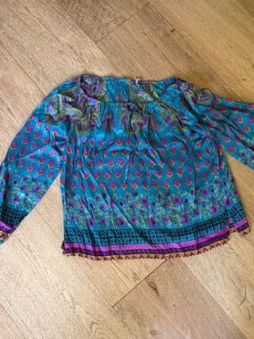 Matta Women's Teal Floral Boho Peasant Top